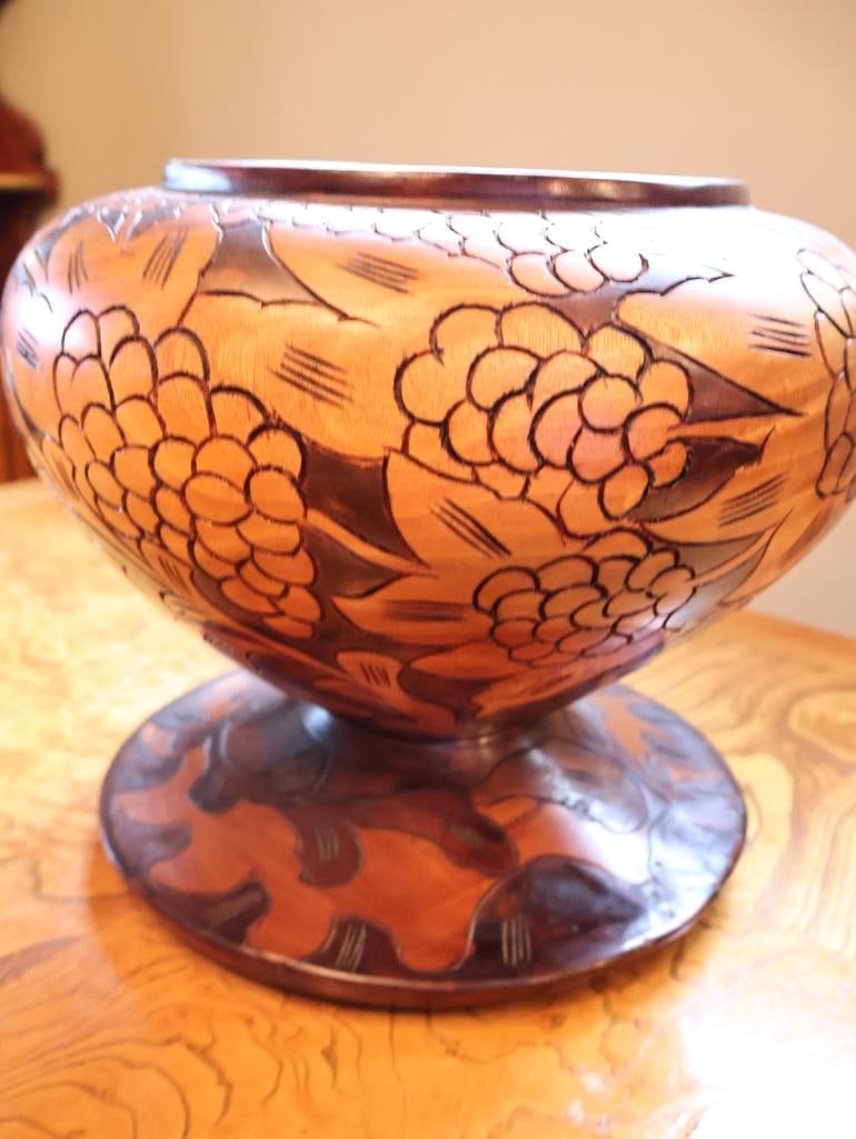 Large Hand-Carved Floral Wood Covered Urn / Decorative Vessel, 17" - 8