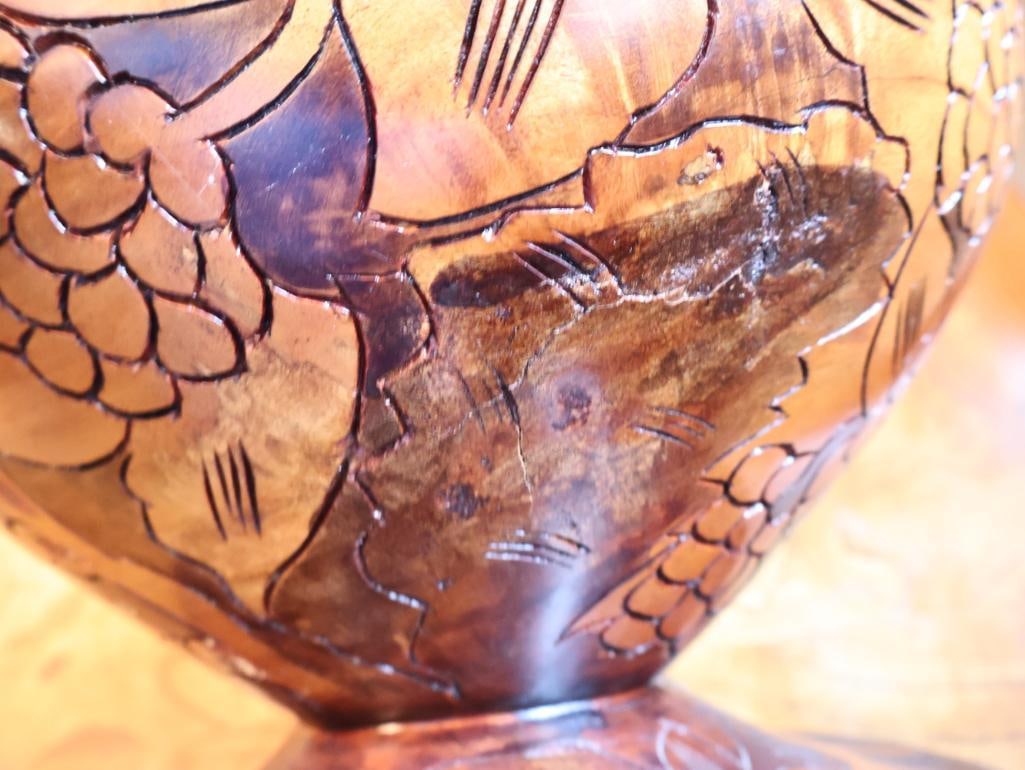 Large Hand-Carved Floral Wood Covered Urn / Decorative Vessel, 17" - 9