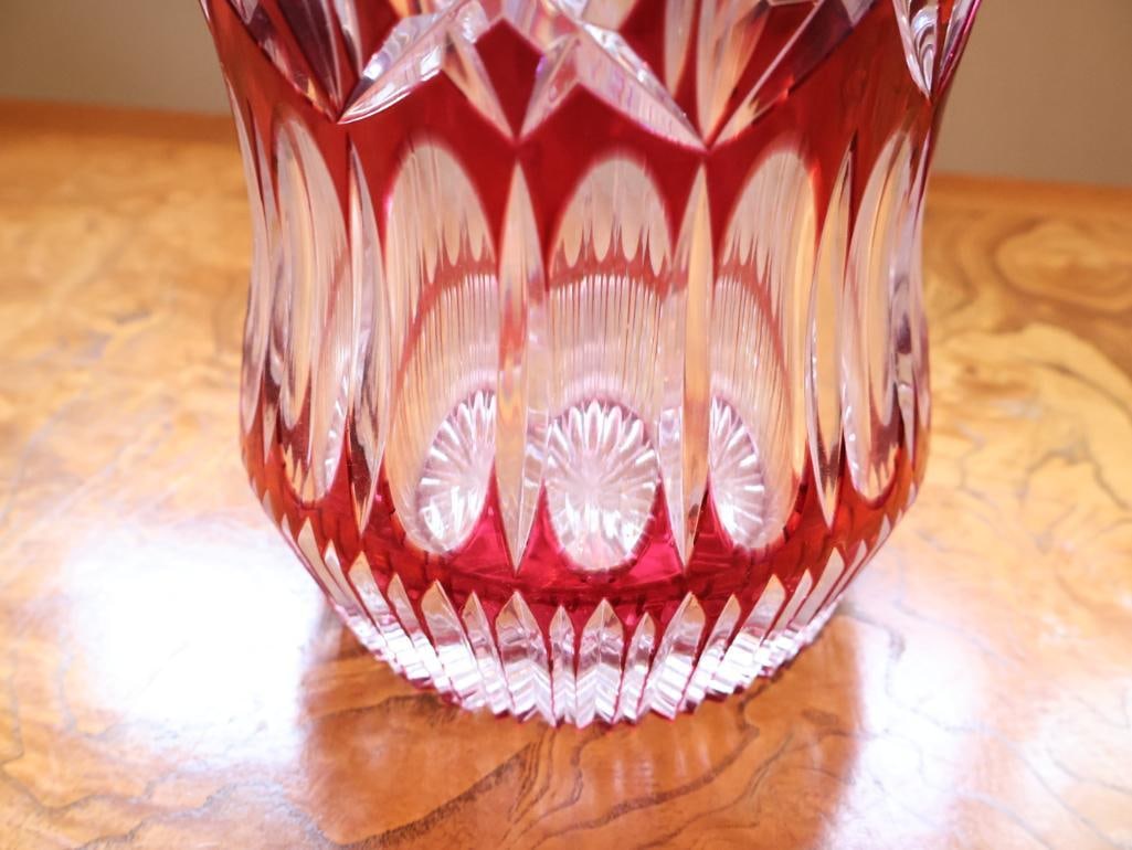 Large Ruby Red Cut-to-Clear Crystal Vase, 15.5" - 10