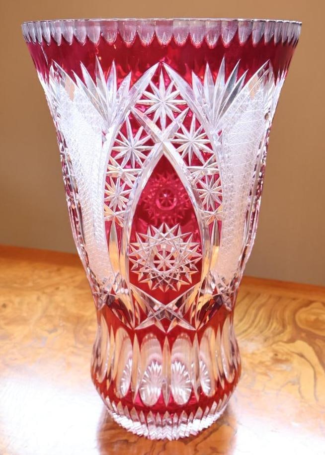 Large Ruby Red Cut-to-Clear Crystal Vase, 15.5" (1 of 11)