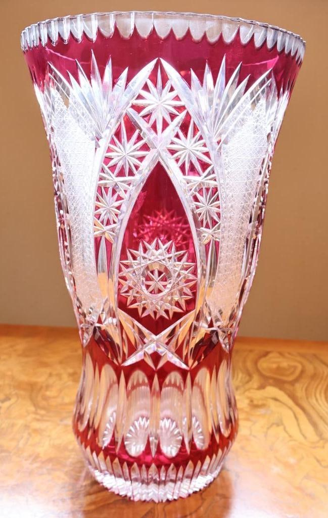 Large Ruby Red Cut-to-Clear Crystal Vase, 15.5" - 2