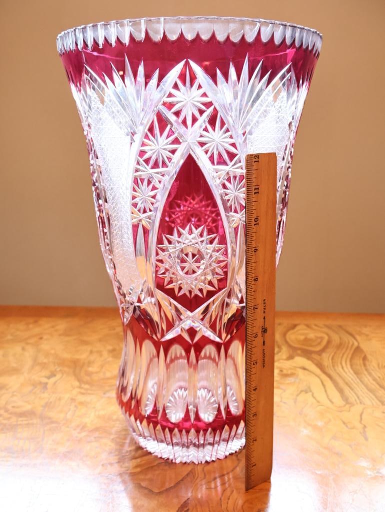 Large Ruby Red Cut-to-Clear Crystal Vase, 15.5" - 3