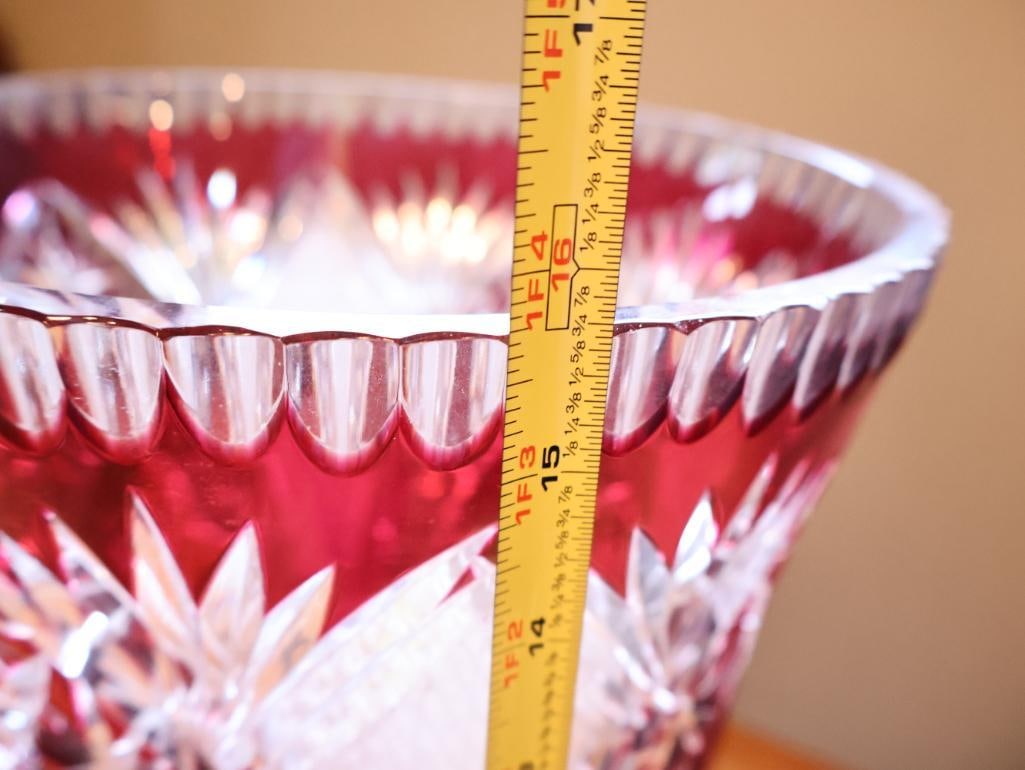 Large Ruby Red Cut-to-Clear Crystal Vase, 15.5" - 4