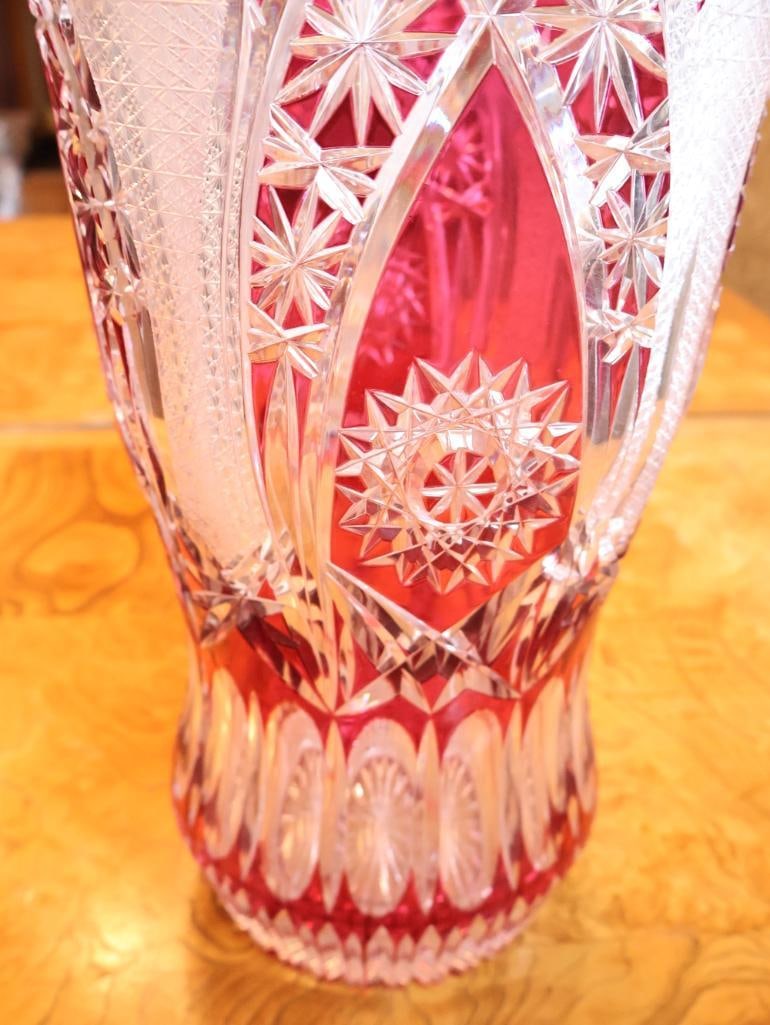 Large Ruby Red Cut-to-Clear Crystal Vase, 15.5" - 6