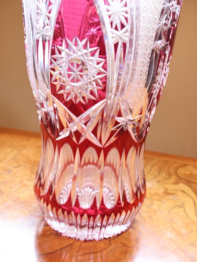 Large Ruby Red Cut-to-Clear Crystal Vase, 15.5" - 7
