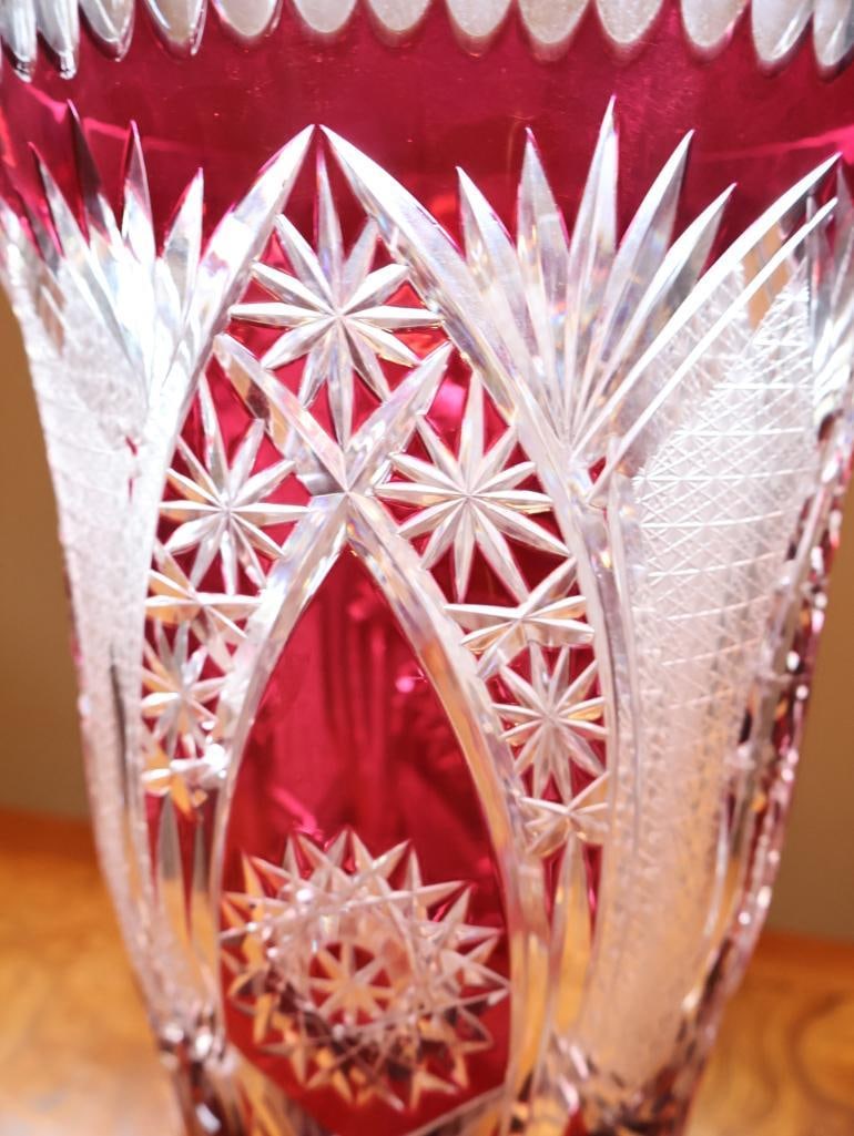 Large Ruby Red Cut-to-Clear Crystal Vase, 15.5" - 8
