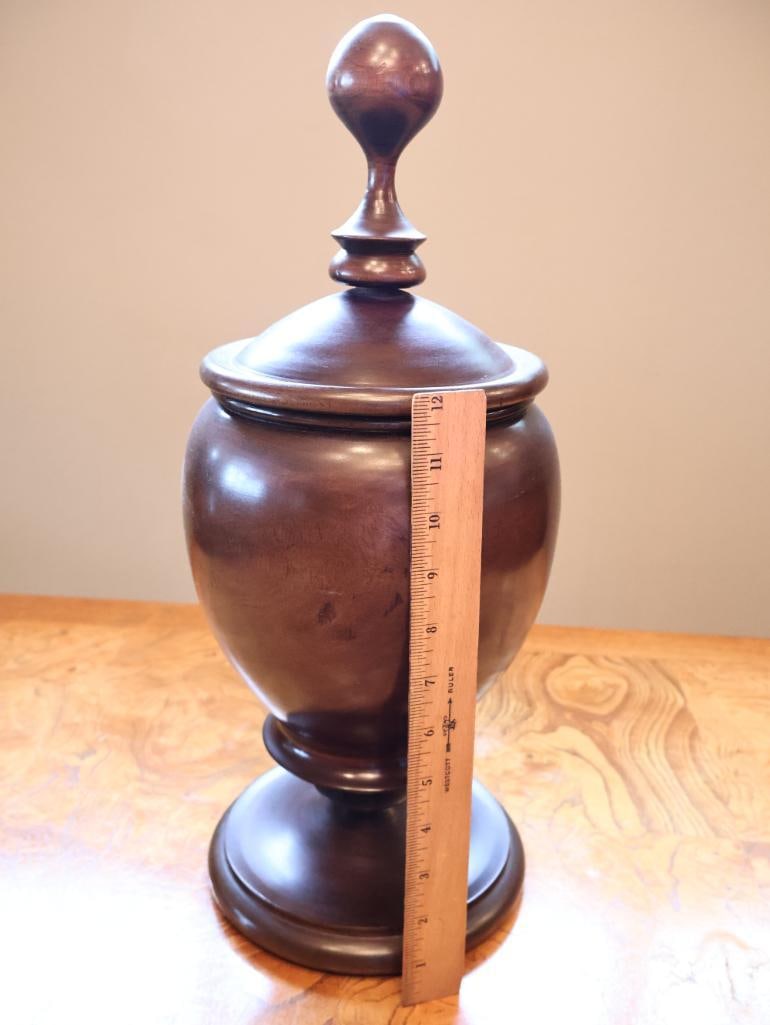 Large Turned Wood Pedestal Urn with Lid & Finial Approx. 19" - 2