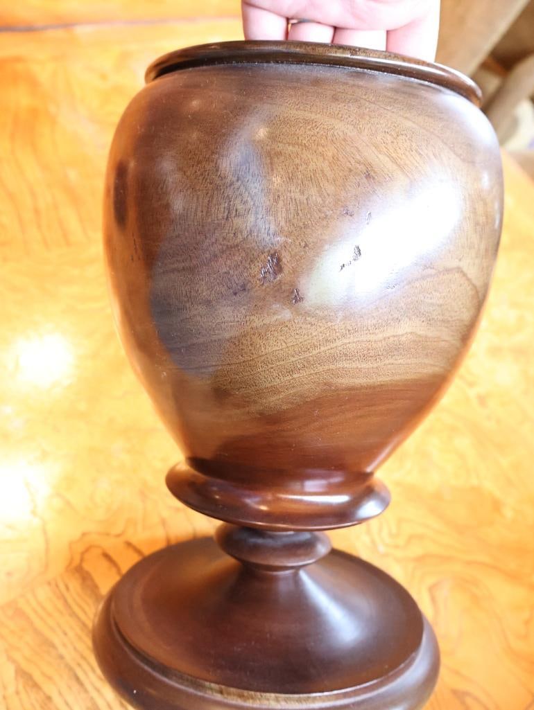 Large Turned Wood Pedestal Urn with Lid & Finial Approx. 19" - 8