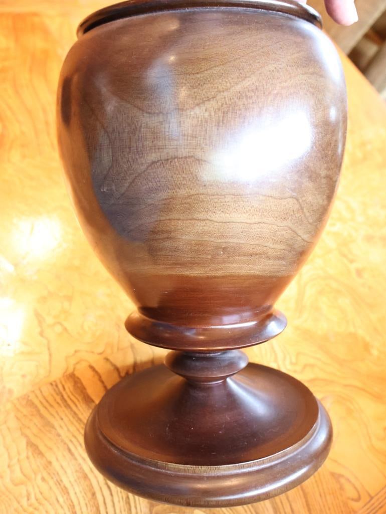 Large Turned Wood Pedestal Urn with Lid & Finial Approx. 19" - 9