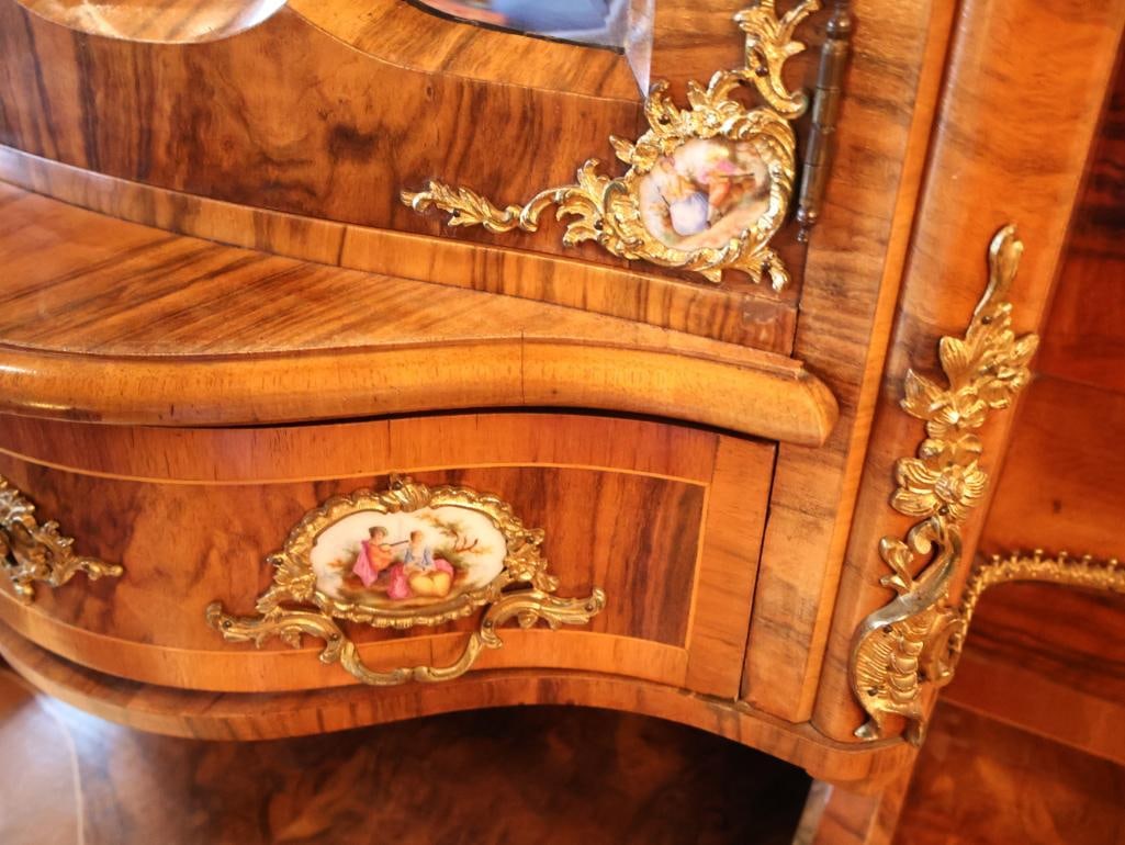 Antique 1890 Dresden Walnut Display Cabinet with Porcelain Painted Plaques and Gilt Brass Mounts - 12