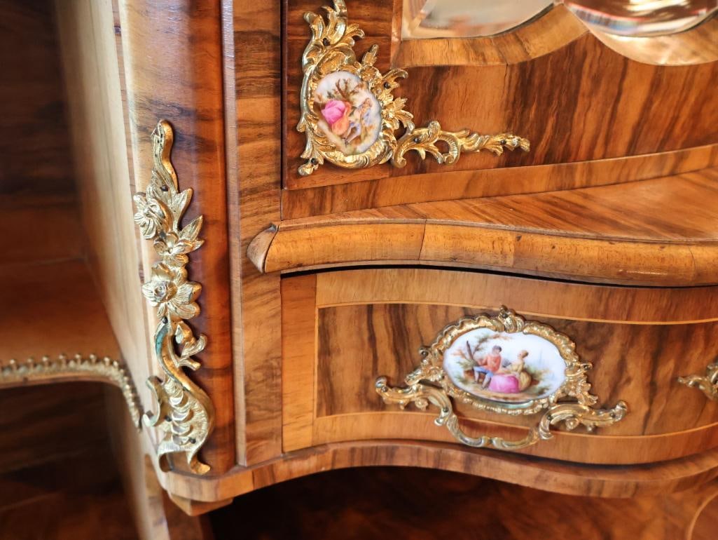 Antique 1890 Dresden Walnut Display Cabinet with Porcelain Painted Plaques and Gilt Brass Mounts - 13