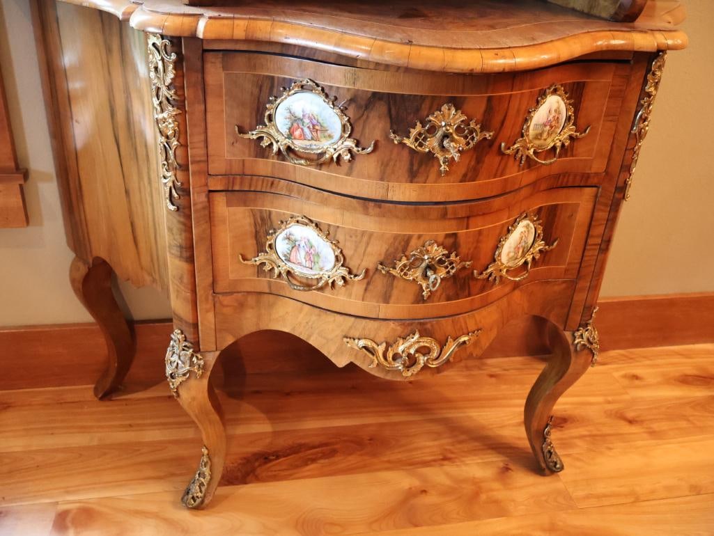 Antique 1890 Dresden Walnut Display Cabinet with Porcelain Painted Plaques and Gilt Brass Mounts - 19