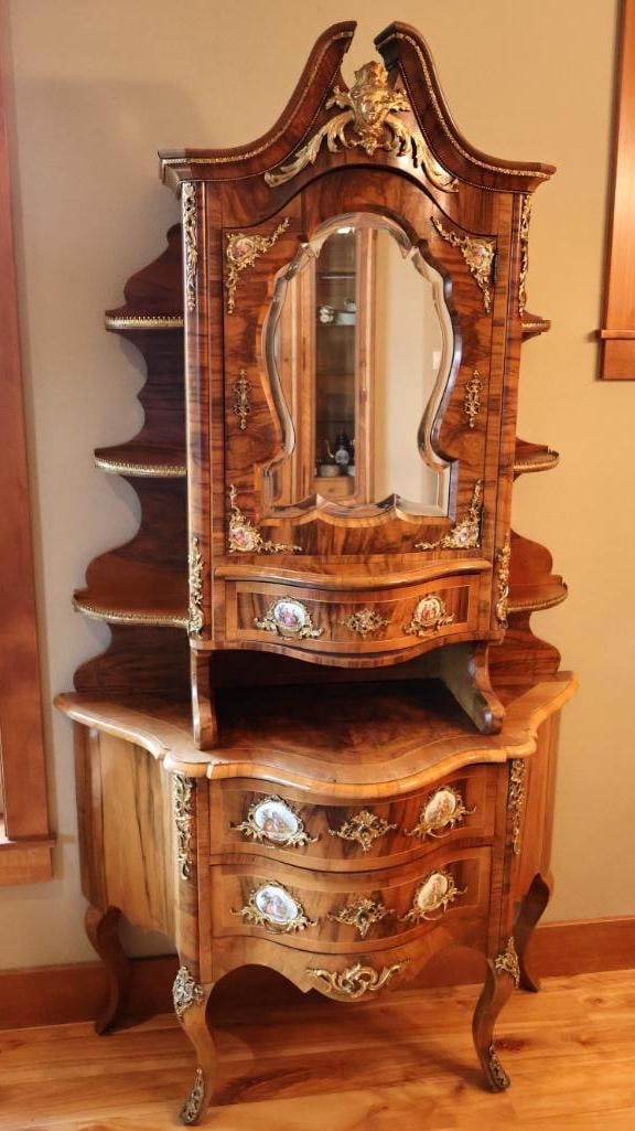 Antique 1890 Dresden Walnut Display Cabinet with Porcelain Painted Plaques and Gilt Brass Mounts (1 of 20)