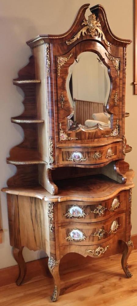 Antique 1890 Dresden Walnut Display Cabinet with Porcelain Painted Plaques and Gilt Brass Mounts - 2