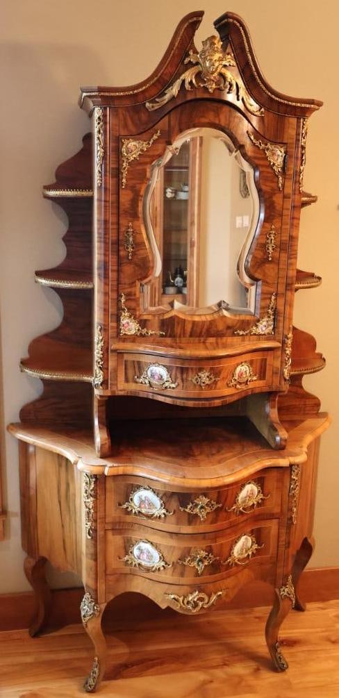 Antique 1890 Dresden Walnut Display Cabinet with Porcelain Painted Plaques and Gilt Brass Mounts - 3