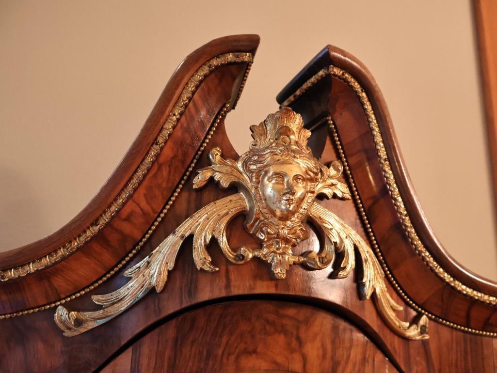 Antique 1890 Dresden Walnut Display Cabinet with Porcelain Painted Plaques and Gilt Brass Mounts - 4
