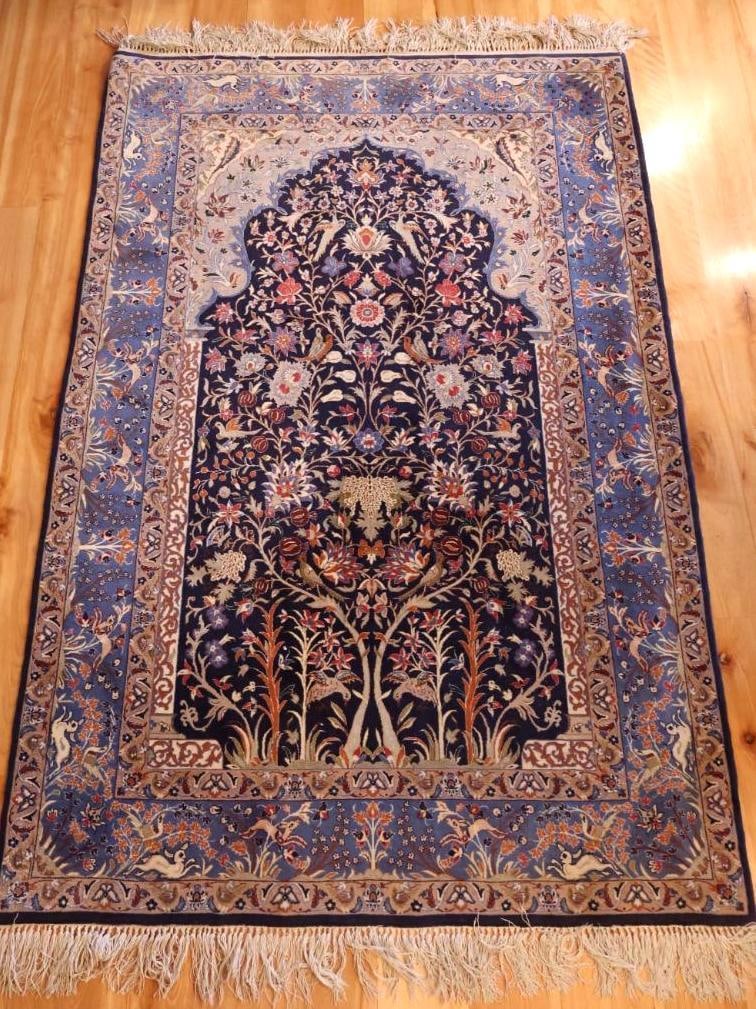 Fine Persian-Style Pictorial Wool Rug with Animal & Floral Motifs: Finely woven Persian-style area rug featuring an elaborate pictorial design with birds, animals, flowering branches, and dense scrolling floral decoration. Measures approximately 66.5" x 43",