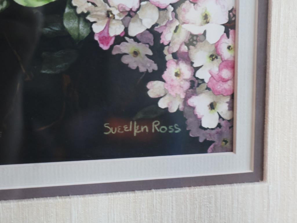 Sueellen Ross Morning Blush 1995 Mixed Media Bird & Floral Artwork, Gallery Labeled - 3