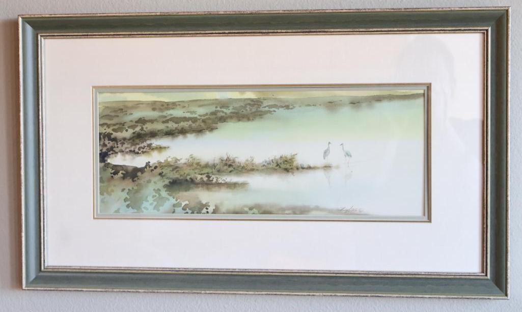 Signed Original Watercolor of Cranes in Misty Wetland Landscape, Framed: Vintage link bracelet featuring oval carved/mottled green stone cabochons alternating with openwork 14K gold links. Clasp component marked 14K and PAT. 1652356, with attached safety chain. Green