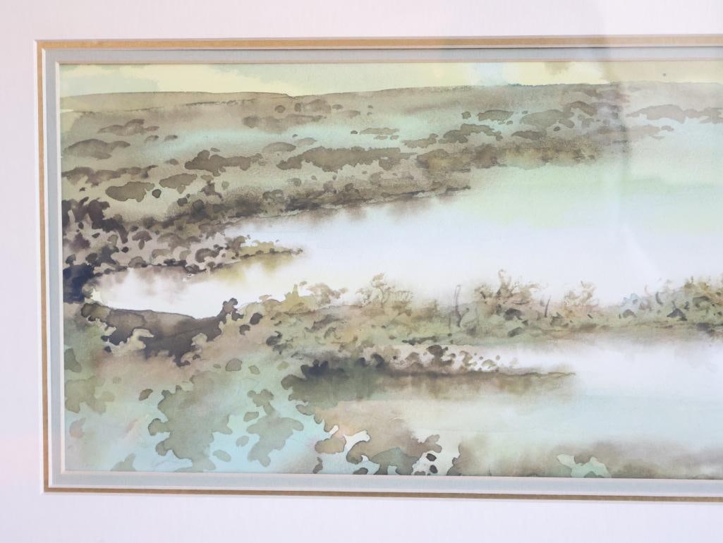 Signed Original Watercolor of Cranes in Misty Wetland Landscape, Framed - 2