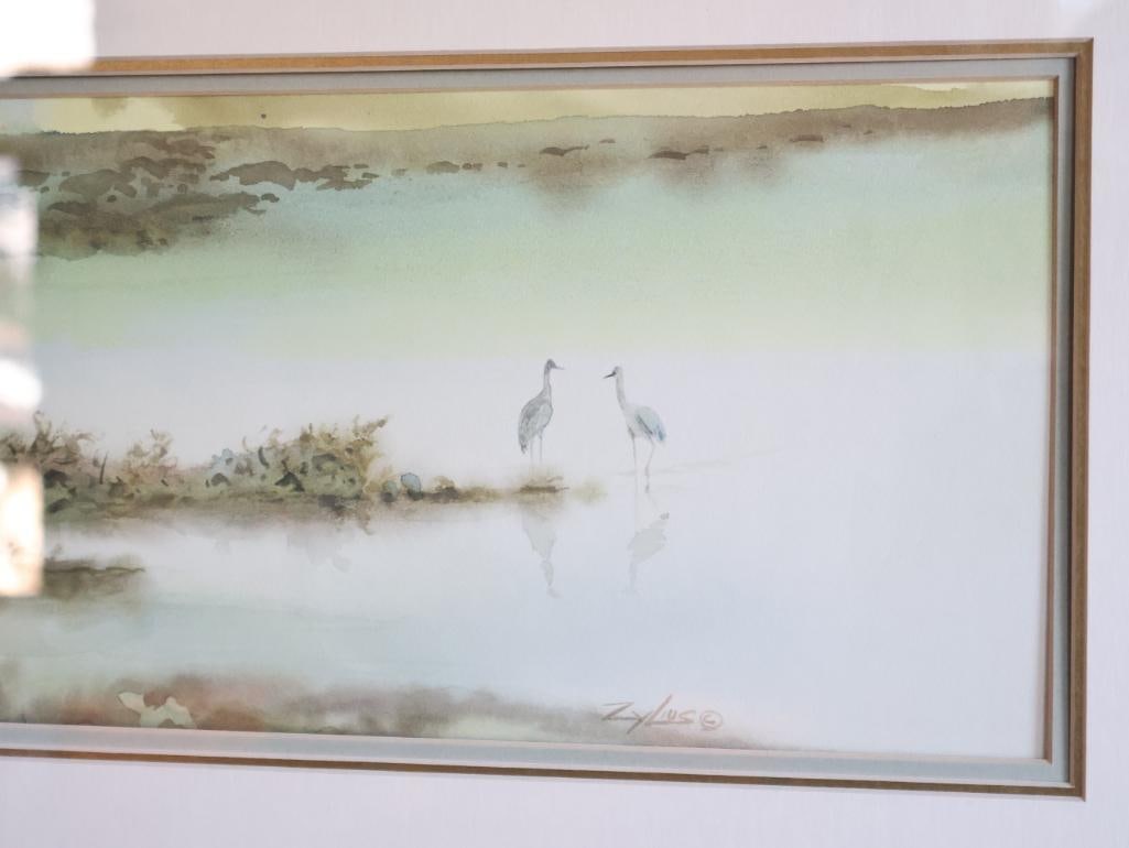 Signed Original Watercolor of Cranes in Misty Wetland Landscape, Framed - 3