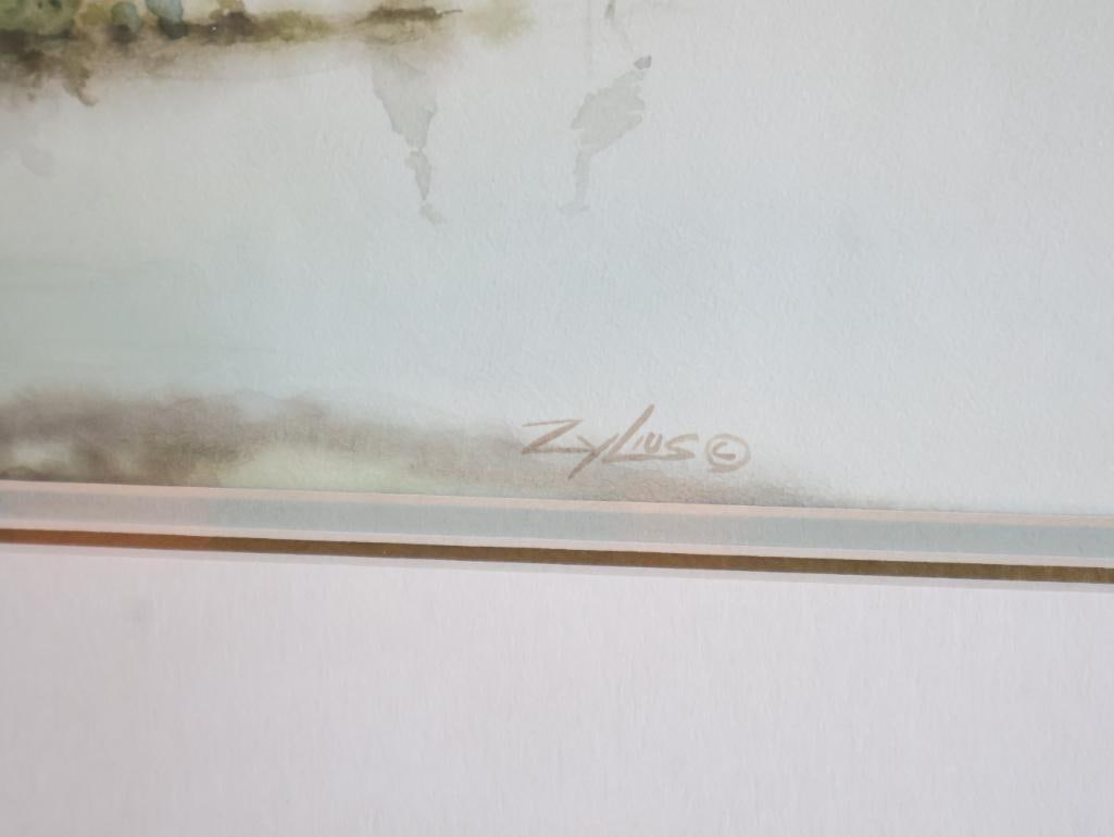 Signed Original Watercolor of Cranes in Misty Wetland Landscape, Framed - 4