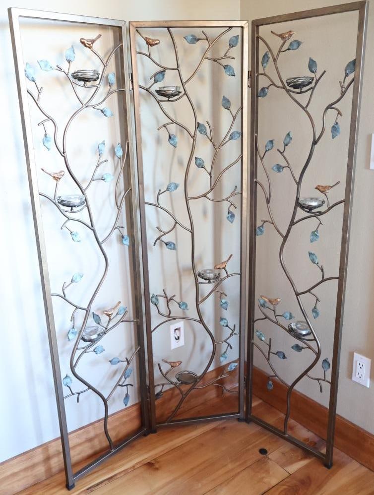 Decorative 3-Panel Metal Folding Screen with Birds, Branches and Votive Holders (1 of 9)