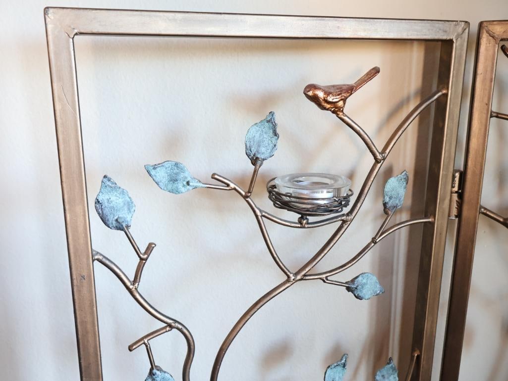Decorative 3-Panel Metal Folding Screen with Birds, Branches and Votive Holders - 2