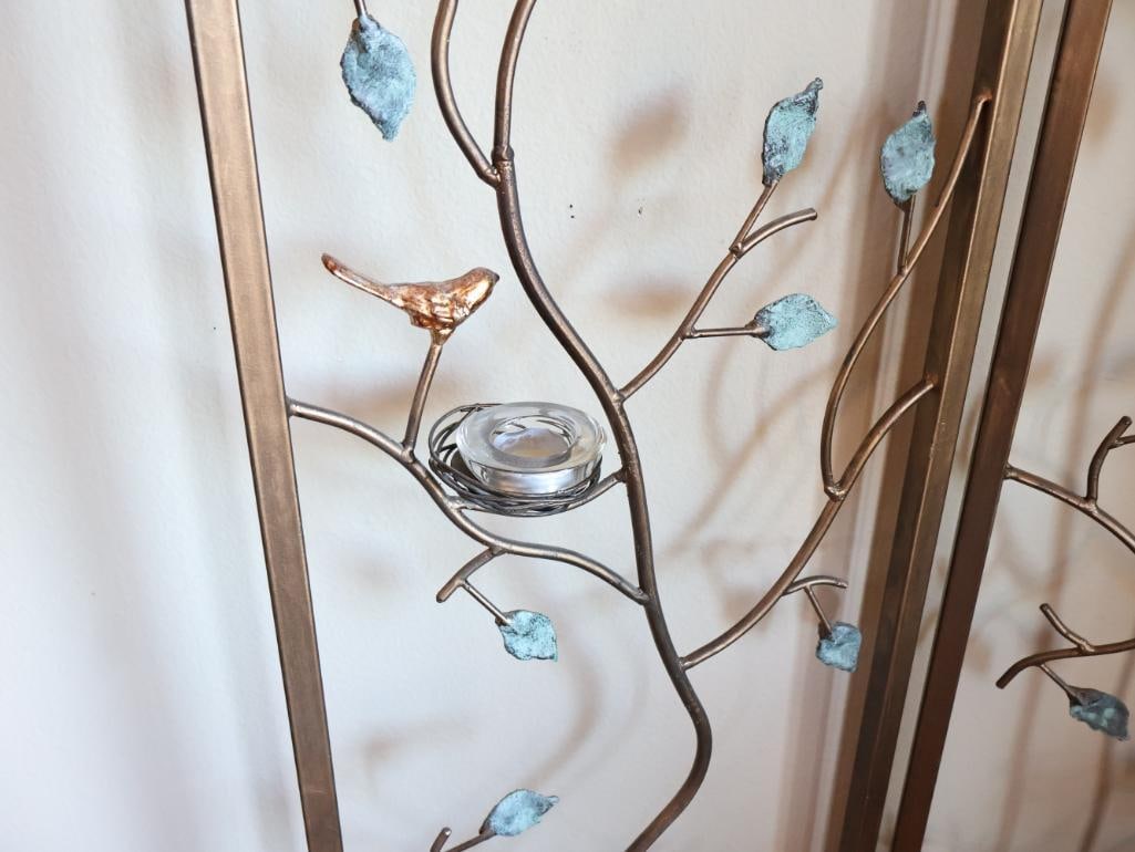 Decorative 3-Panel Metal Folding Screen with Birds, Branches and Votive Holders - 3