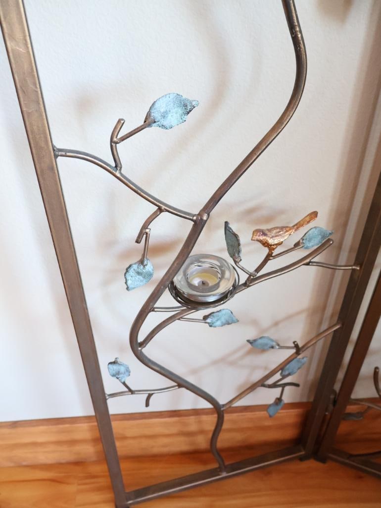 Decorative 3-Panel Metal Folding Screen with Birds, Branches and Votive Holders - 4