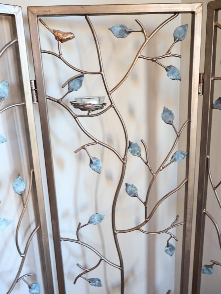 Decorative 3-Panel Metal Folding Screen with Birds, Branches and Votive Holders - 5