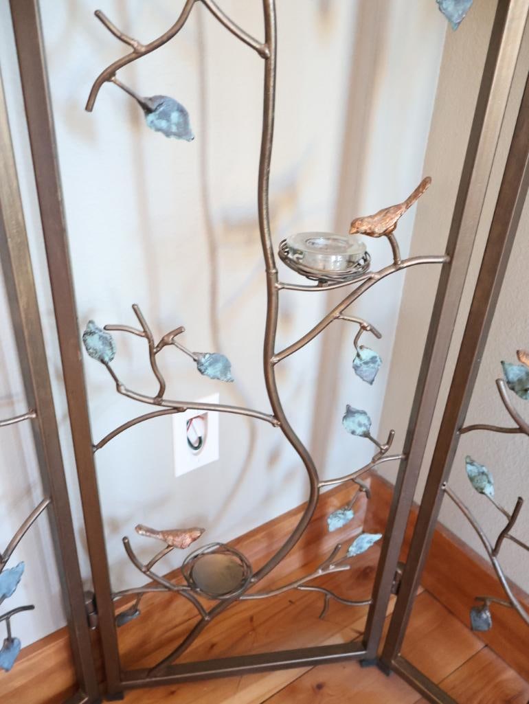 Decorative 3-Panel Metal Folding Screen with Birds, Branches and Votive Holders - 6