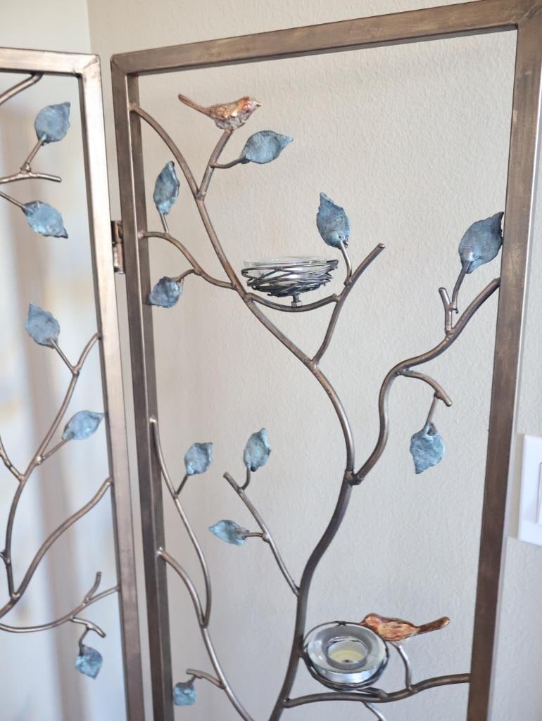 Decorative 3-Panel Metal Folding Screen with Birds, Branches and Votive Holders - 8