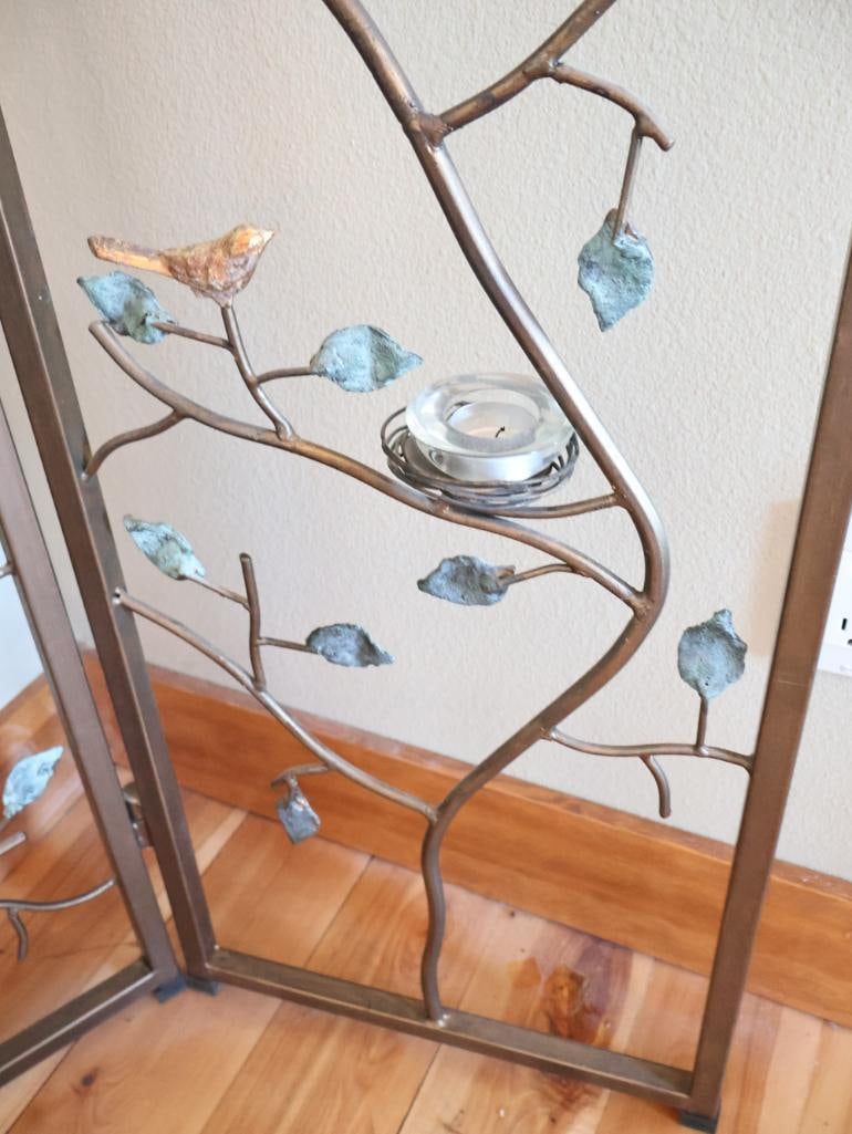 Decorative 3-Panel Metal Folding Screen with Birds, Branches and Votive Holders - 9