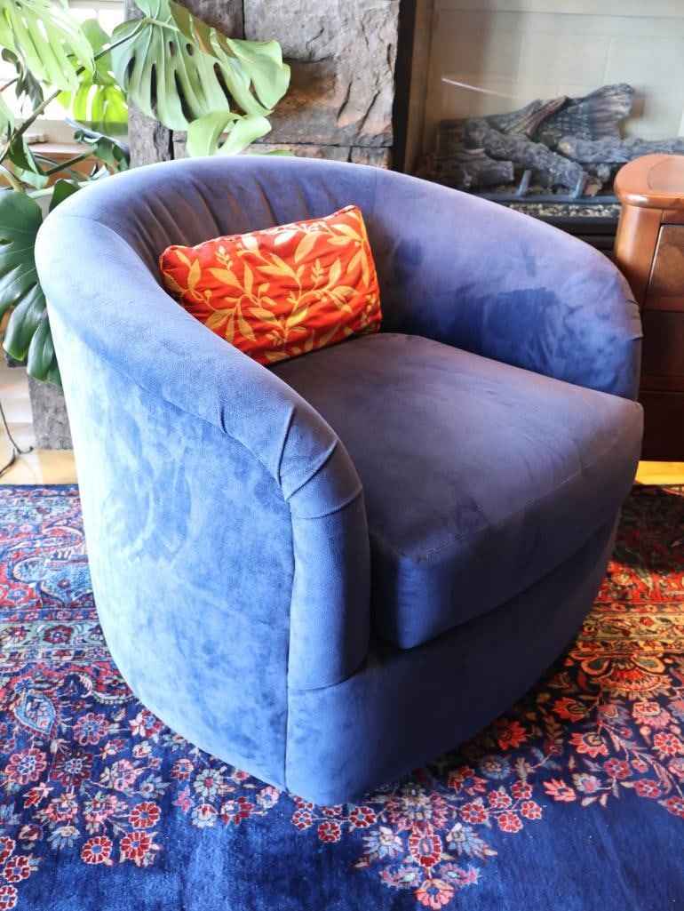 Pair of Cobalt Blue Upholstered Swivel Club Chairs, Rolling Ottoman And a 3-Drawer End Table - 10