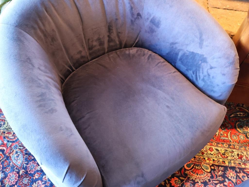 Pair of Cobalt Blue Upholstered Swivel Club Chairs, Rolling Ottoman And a 3-Drawer End Table - 11