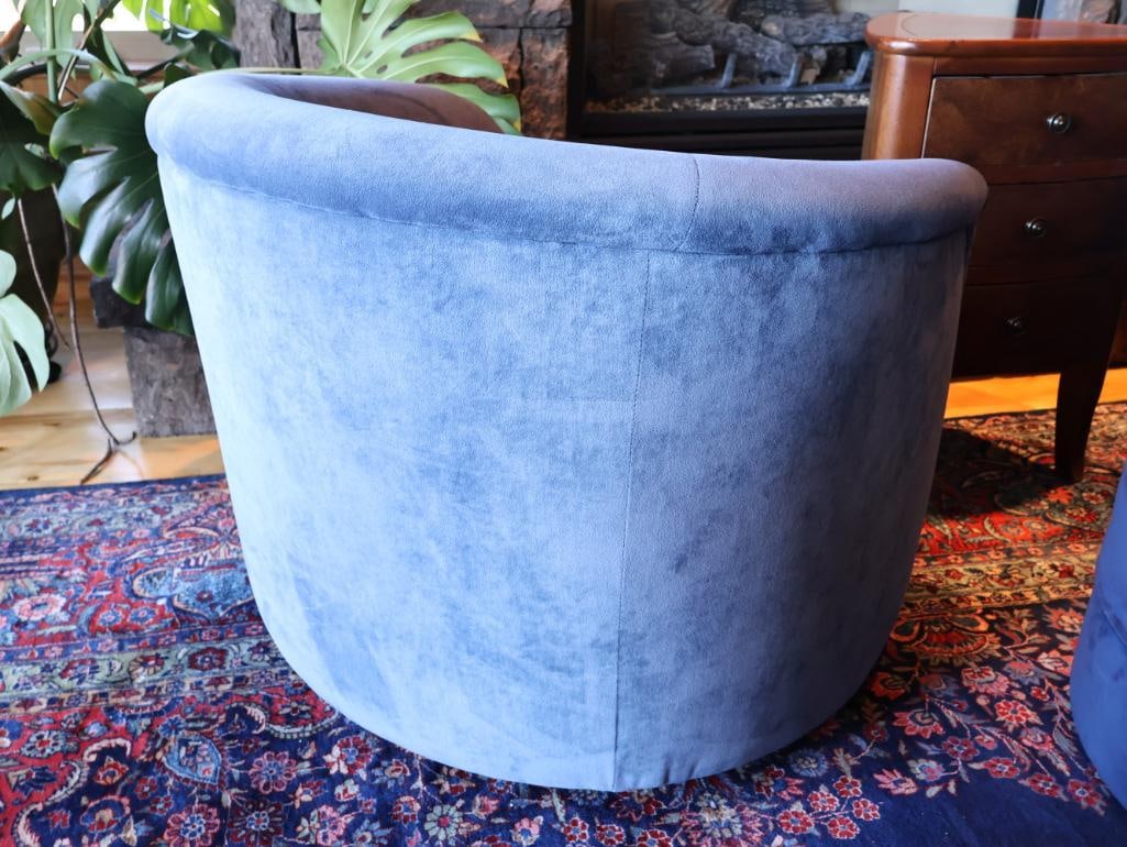 Pair of Cobalt Blue Upholstered Swivel Club Chairs, Rolling Ottoman And a 3-Drawer End Table - 12