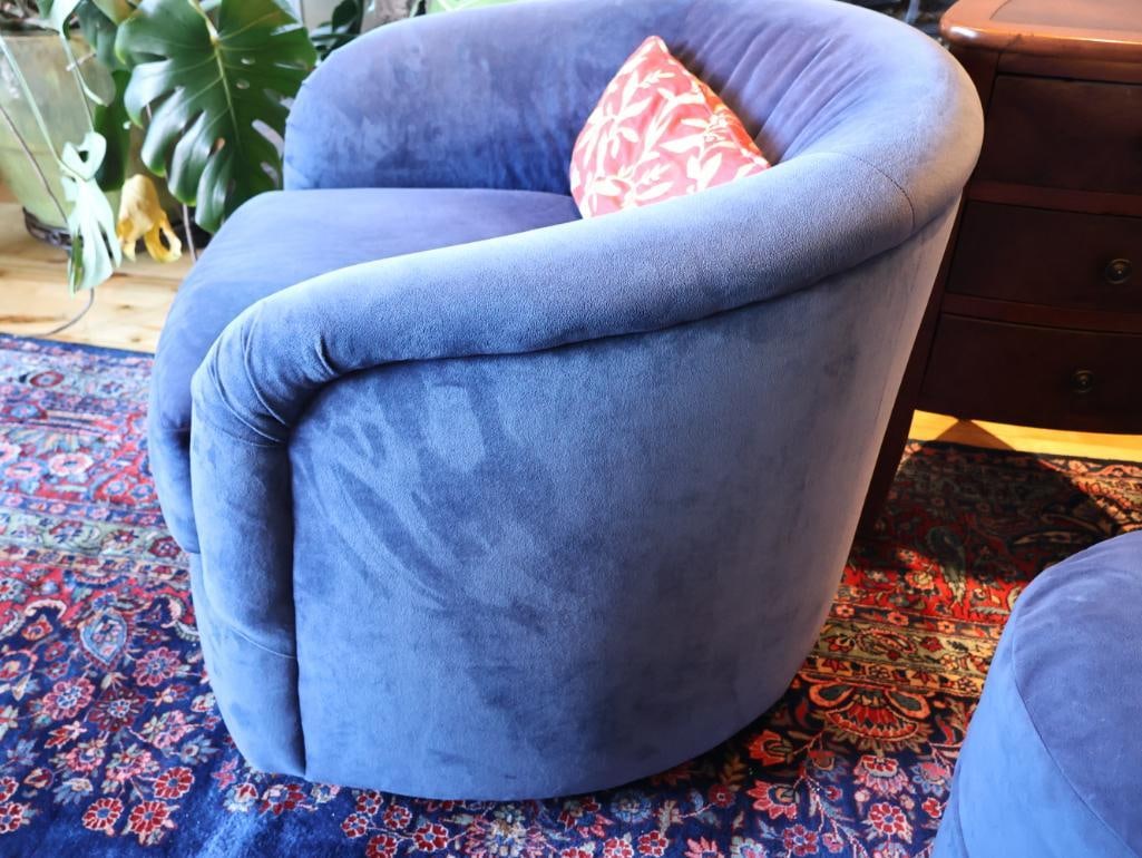 Pair of Cobalt Blue Upholstered Swivel Club Chairs, Rolling Ottoman And a 3-Drawer End Table - 13