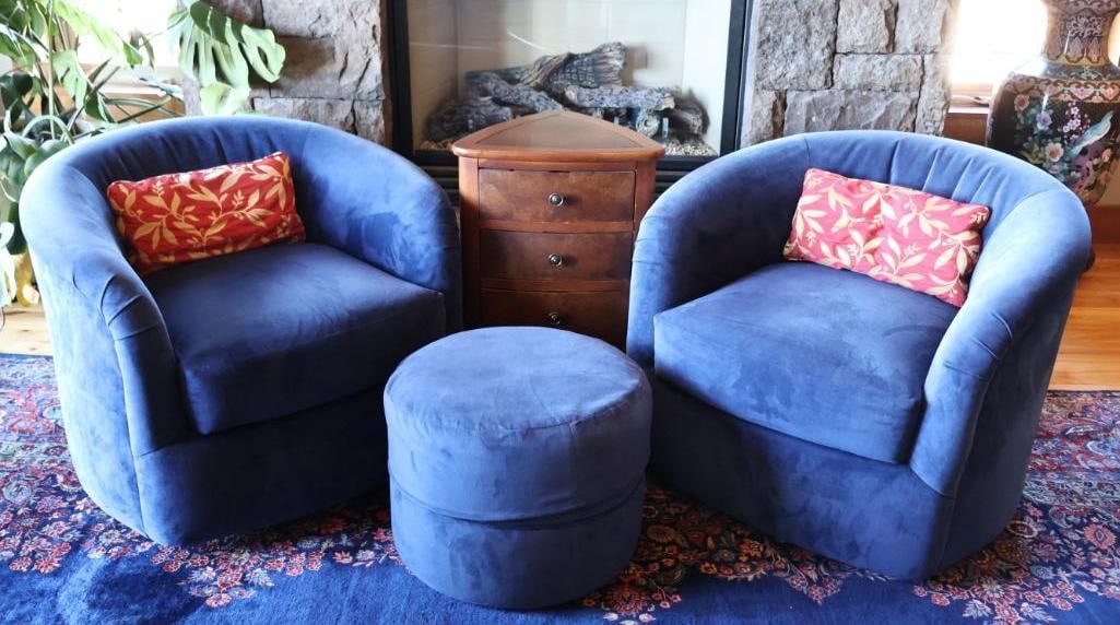 Pair of Cobalt Blue Upholstered Swivel Club Chairs, Rolling Ottoman And a 3-Drawer End Table: Includes 2 blue upholstered chairs and 1 three-drawer end table. Pre-owned condition with light wear consistent with household use. Please review photographs for condition and details. End table