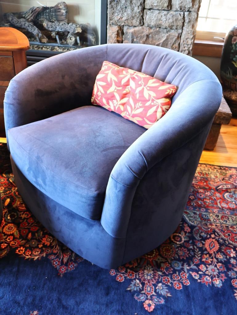 Pair of Cobalt Blue Upholstered Swivel Club Chairs, Rolling Ottoman And a 3-Drawer End Table - 2