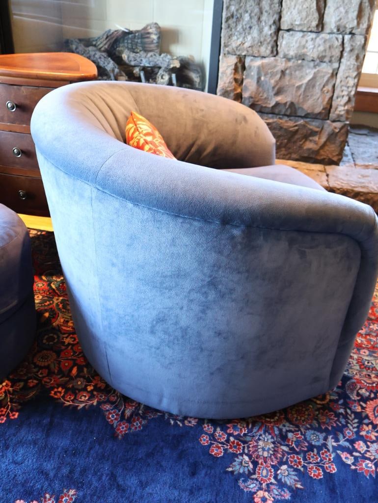 Pair of Cobalt Blue Upholstered Swivel Club Chairs, Rolling Ottoman And a 3-Drawer End Table - 3