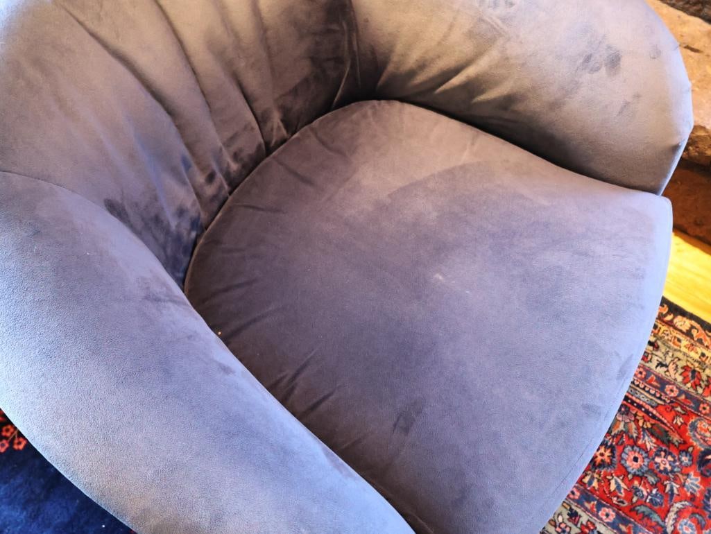Pair of Cobalt Blue Upholstered Swivel Club Chairs, Rolling Ottoman And a 3-Drawer End Table - 4