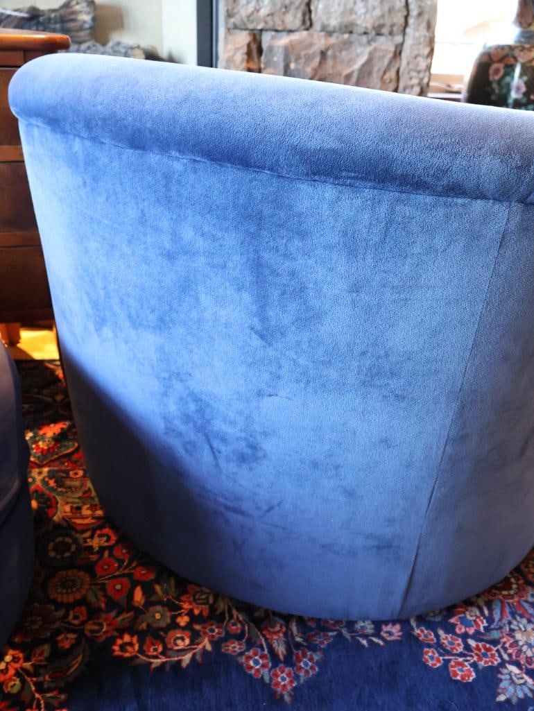 Pair of Cobalt Blue Upholstered Swivel Club Chairs, Rolling Ottoman And a 3-Drawer End Table - 5