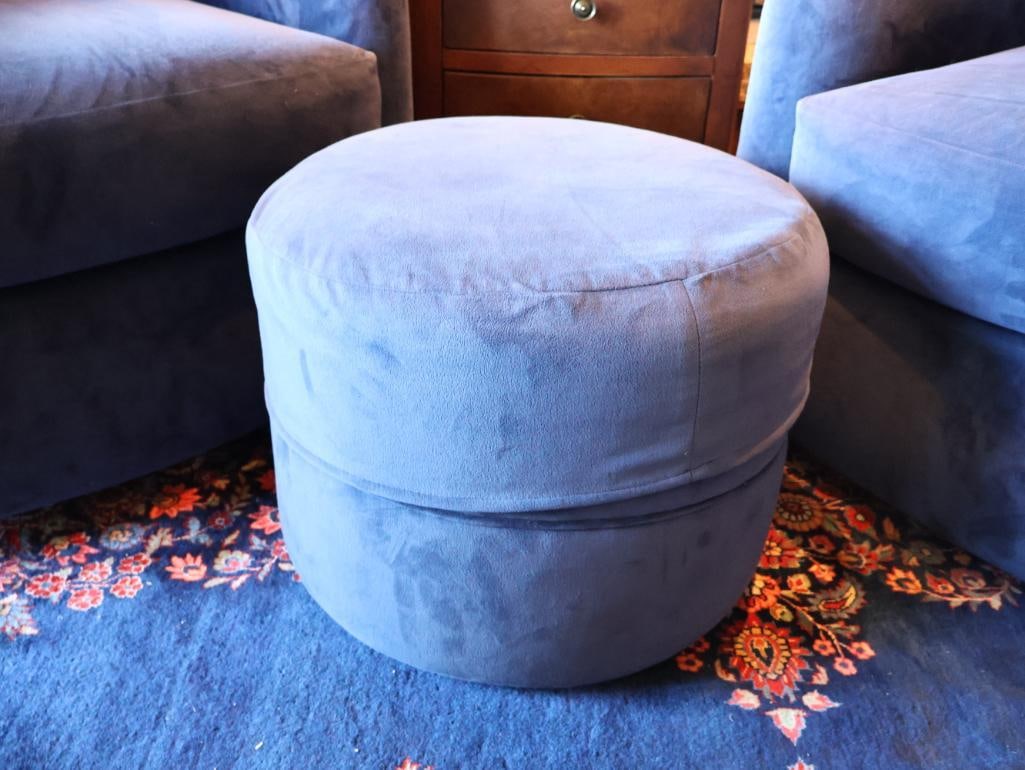 Pair of Cobalt Blue Upholstered Swivel Club Chairs, Rolling Ottoman And a 3-Drawer End Table - 6