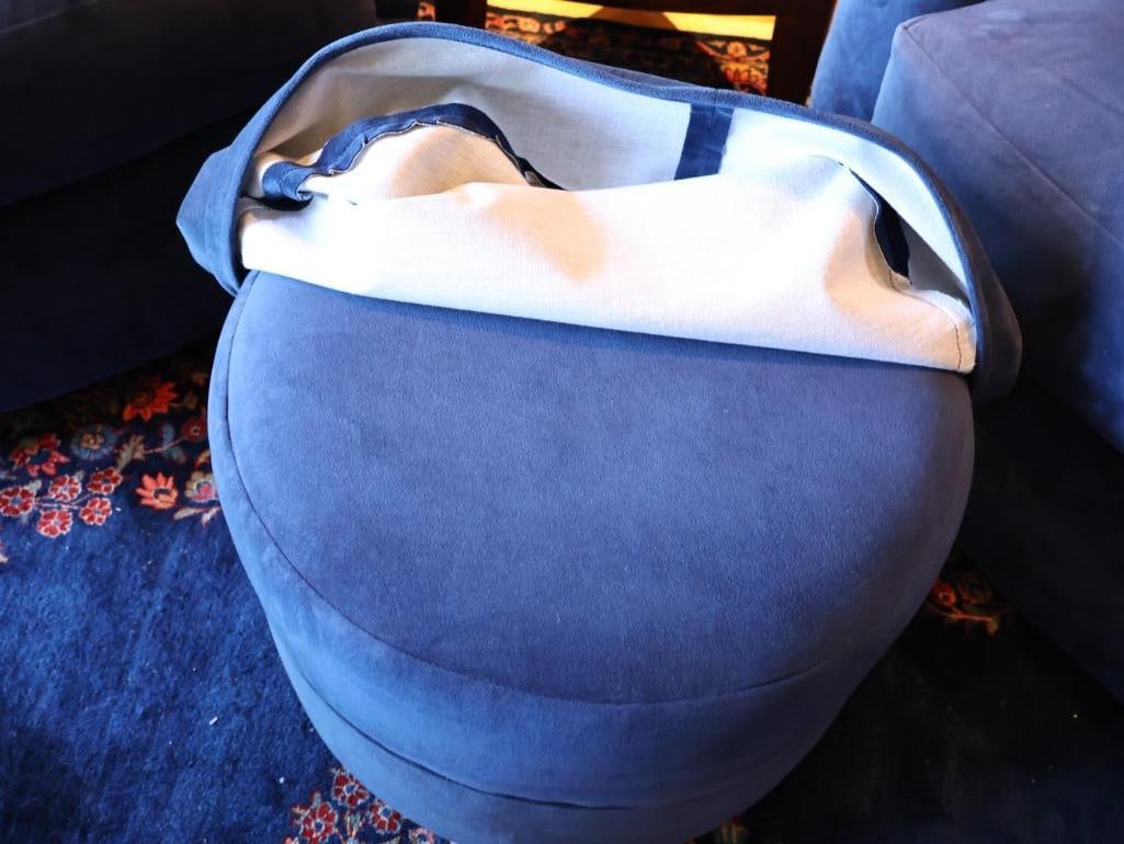 Pair of Cobalt Blue Upholstered Swivel Club Chairs, Rolling Ottoman And a 3-Drawer End Table - 7