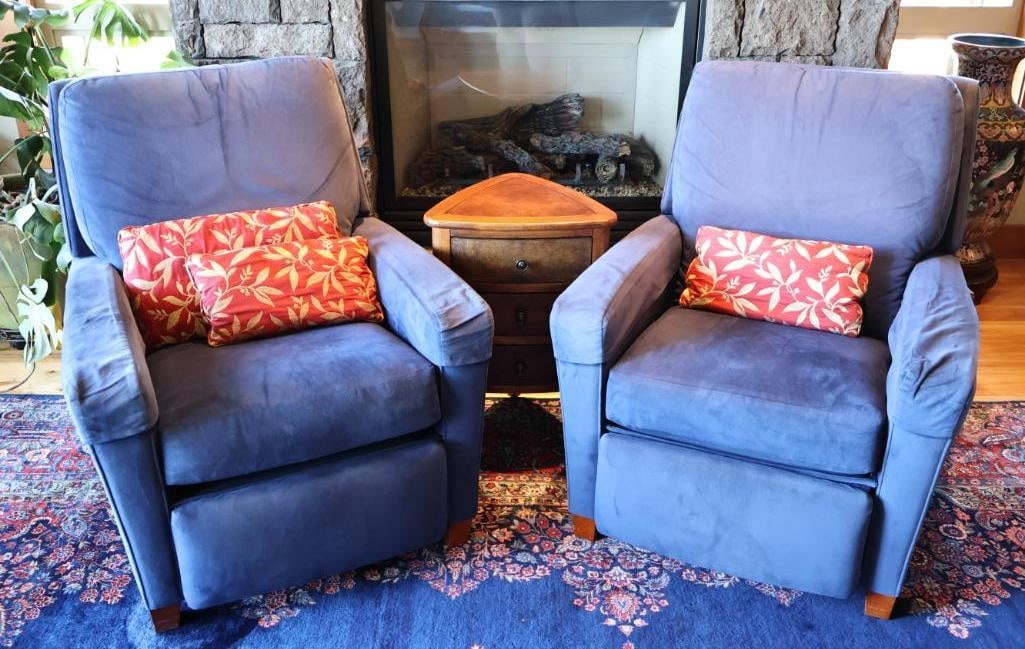 Pair La-Z-Boy Cobalt Blue Upholstered Recliners with 3-Drawer End Table: Three-piece living room grouping featuring two La-Z-Boy upholstered recliners in a rich cobalt blue fabric, accompanied by a coordinating triangular three-drawer wood end table. Pre-owned condition wi