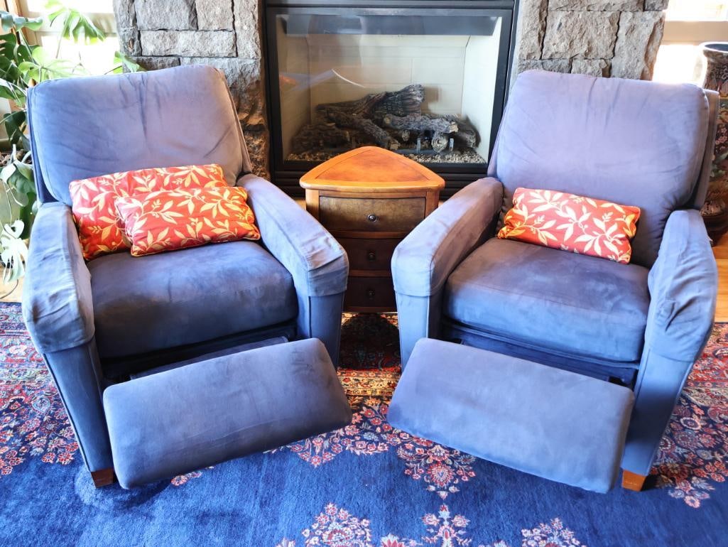 Pair La-Z-Boy Cobalt Blue Upholstered Recliners with 3-Drawer End Table - 2