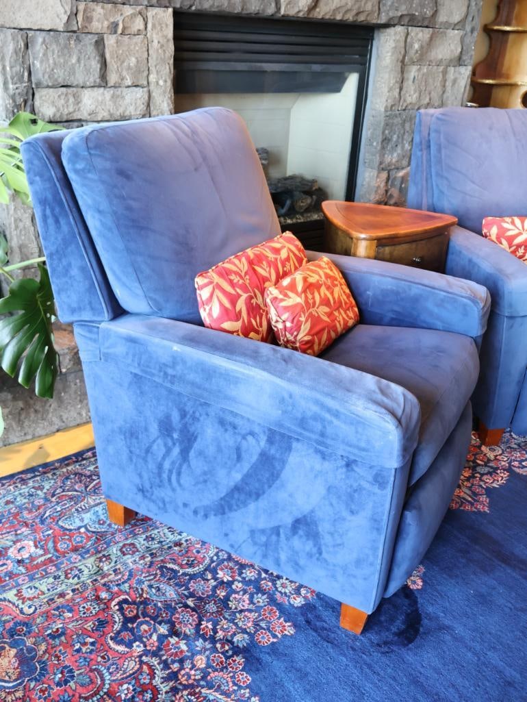 Pair La-Z-Boy Cobalt Blue Upholstered Recliners with 3-Drawer End Table - 3