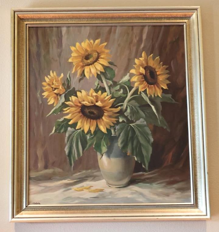 Framed Sunflower Still Life, Signed Malirin: Decorative floral still life depicting a bouquet of vibrant yellow sunflowers in a vase. Signed Malirin lower left. Presented in a substantial gold-tone frame. Frame measures: approximately 37" H x