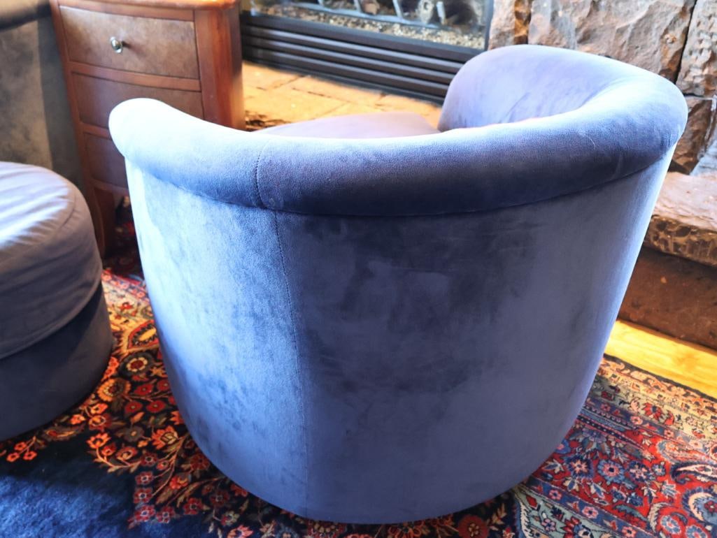 Pair of Blue Swivel Chairs, Rolling Ottoman & End Table - 10